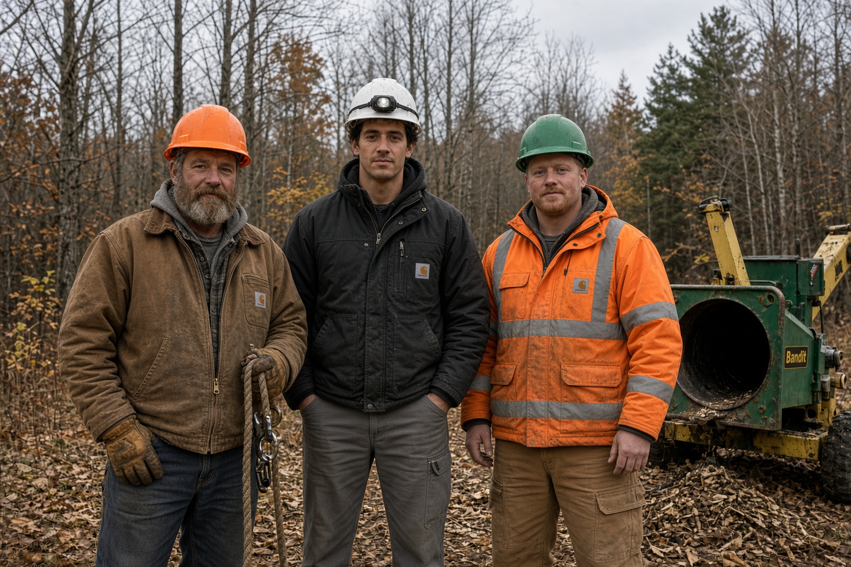 Woodya Look At That Tree Service crew in Carhartt jackets and hard hats