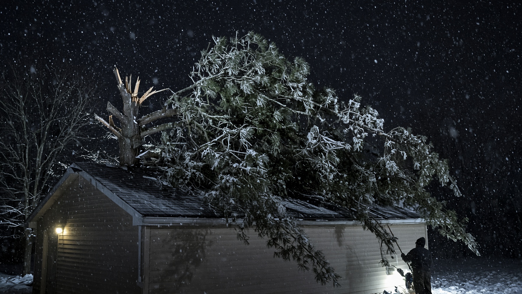Night ice-storm crew working a snapped pine over a garage