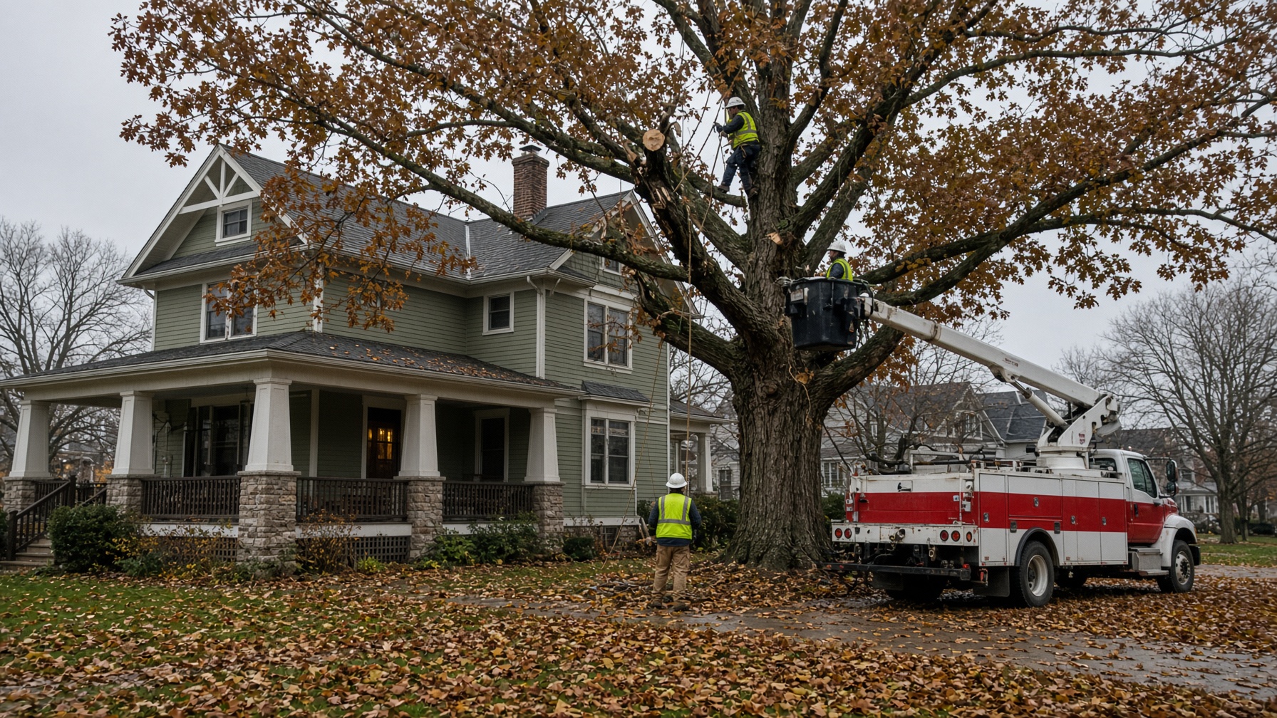 Crew lowering a large oak on ropes beside a Craftsman house